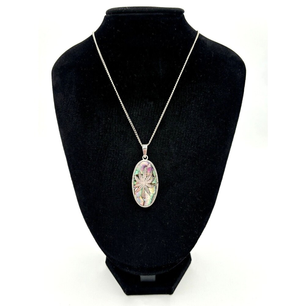 MidCentury Mexico Taxco Sterling Silver 925 Hemp & Abalone Pendant w/metal Chain